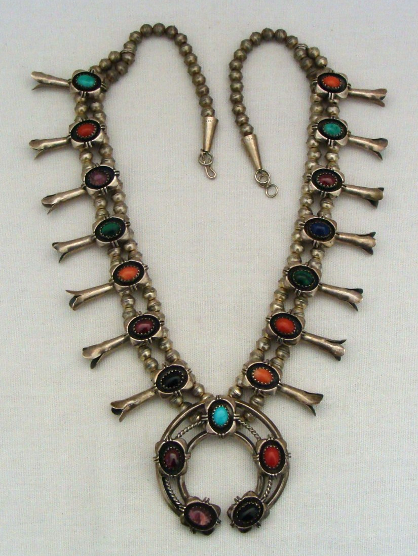700 Silver And Multi-Stone Squash Blossom Necklace Signed J 18.25″