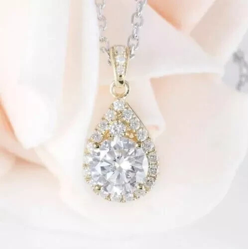 2.00Ct Lab Created Diamond Round Halo Pendant 18K Yellow Gold Silver Plated 16”