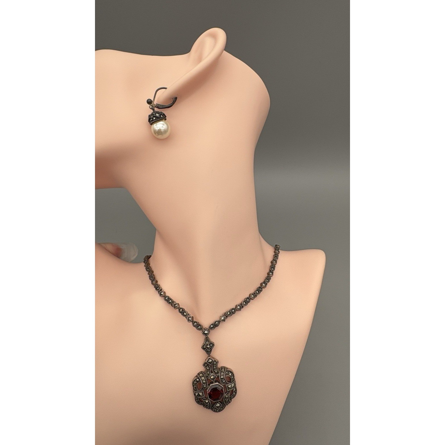 Judith Jack Marcasite sterling silver Necklace & SS Faux Pearl Earrings 30g 9″