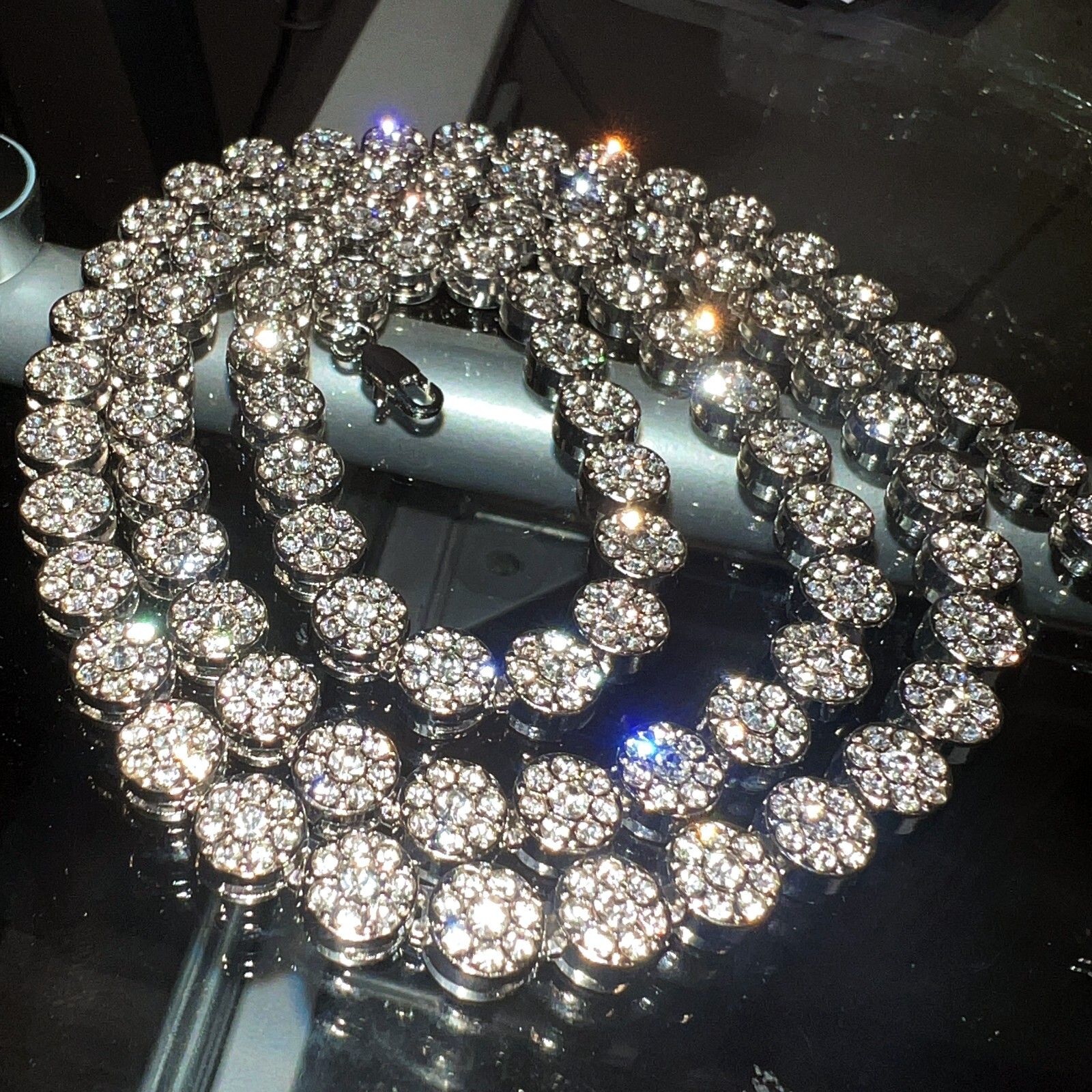 Men’s Flower Cluster Hip Hop Chain CZ Iced Bling Out One Row Silver Tone 36″