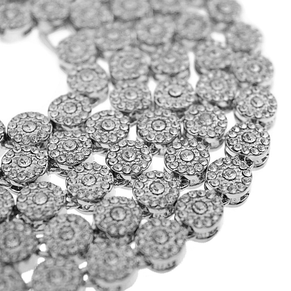 Men’s Flower Cluster Hip Hop Chain CZ Iced Bling Out One Row Silver Tone 36″
