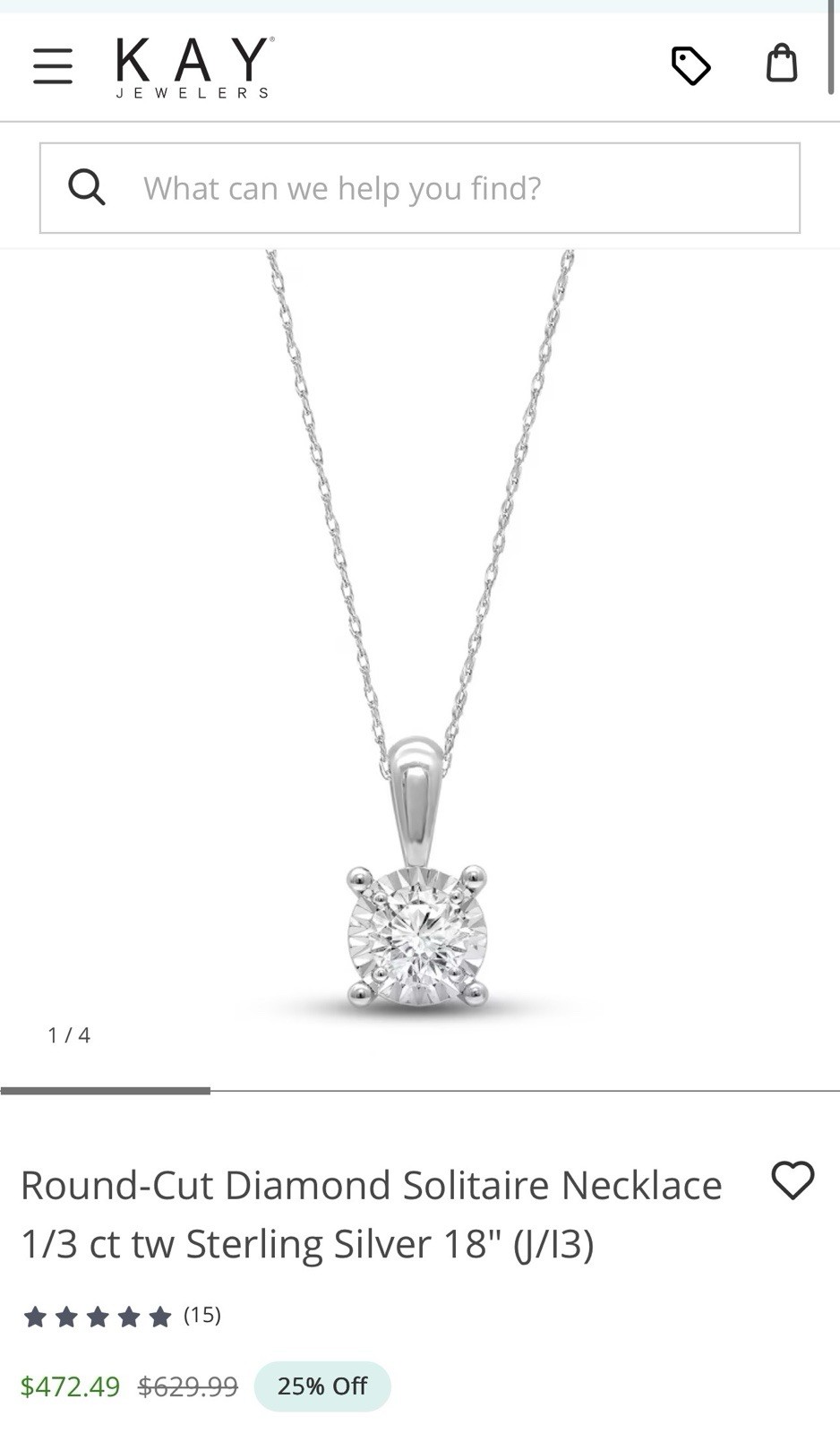 Kay Jewelers 1/3 ctw Round Diamond Solitaire Pendant Necklace 18 in .925 SS