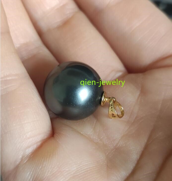Huge AAAA16mm Perfect Round black south sea Shell Pearl Pendant 14k gold