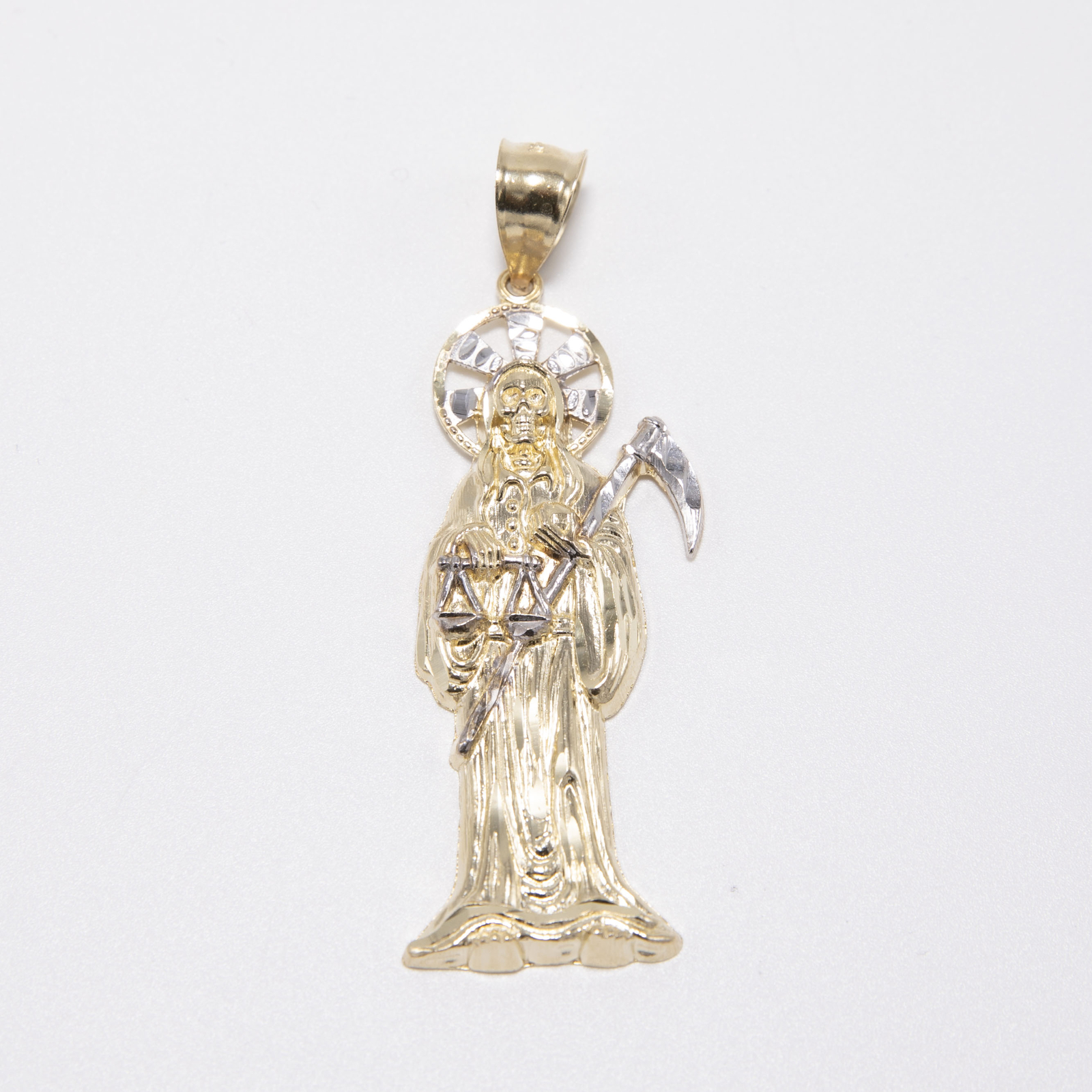 10K Yellow White Gold Diamond-Cut Santa Muerte Angel of Death Pendant