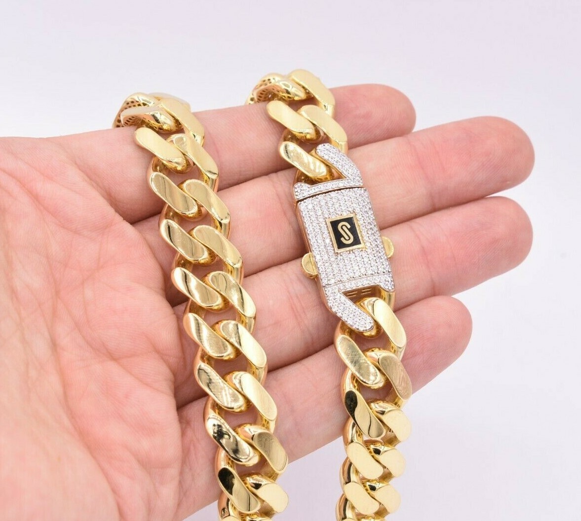 15mm Miami Cuban Royal Curb Chain Necklace Box Clasp Real 14K Yellow Gold