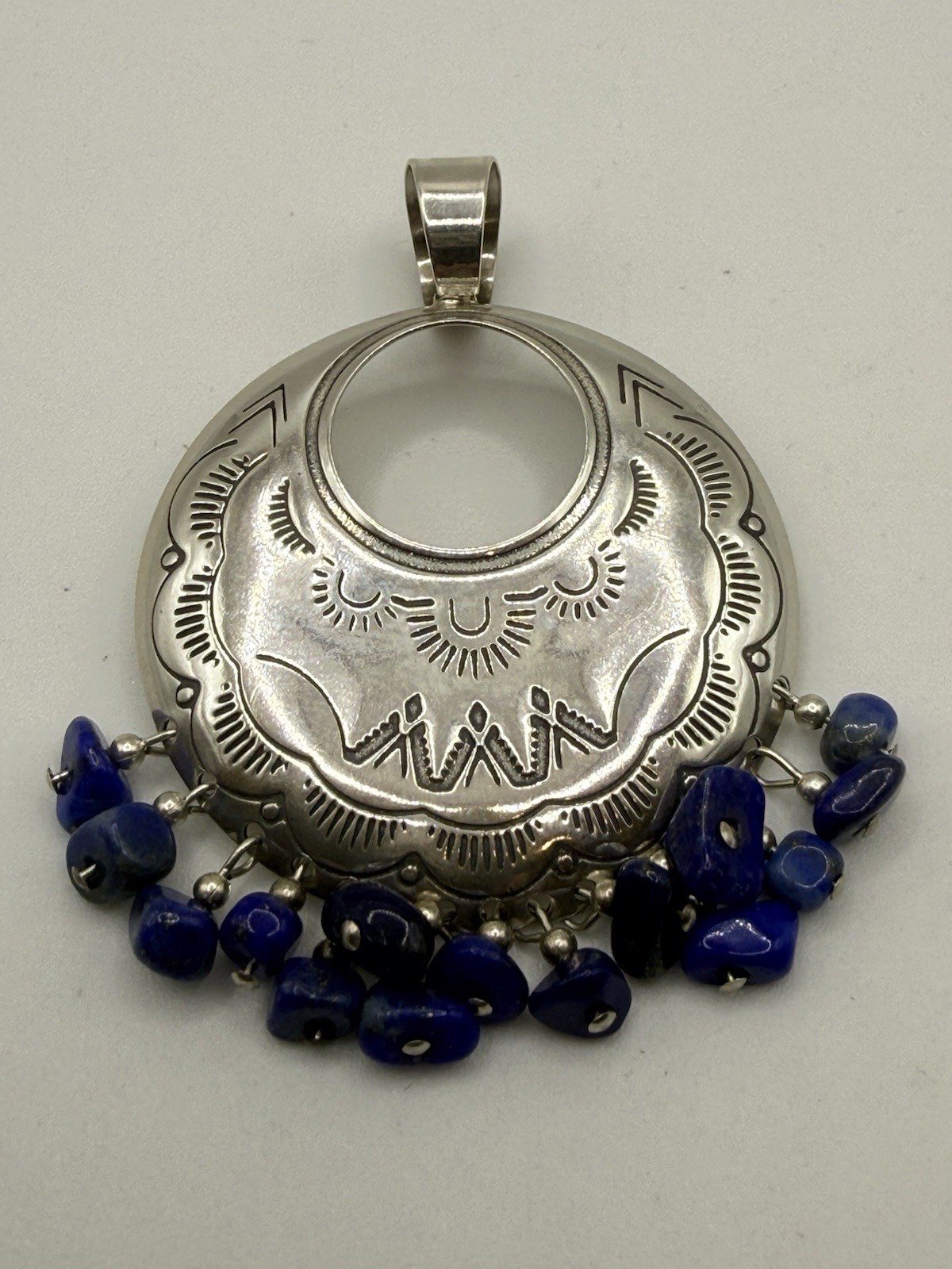 Southwestern Sterling Silver Pendant Quoc QT 925 Lapis Nugget Dangle Etched