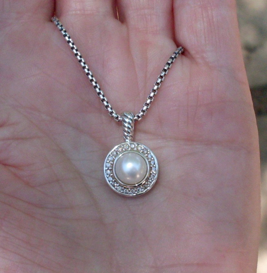 Retired – David Yurman Pearl & Diamond Cerise Pendant w/DY Chain – Gift Boxed