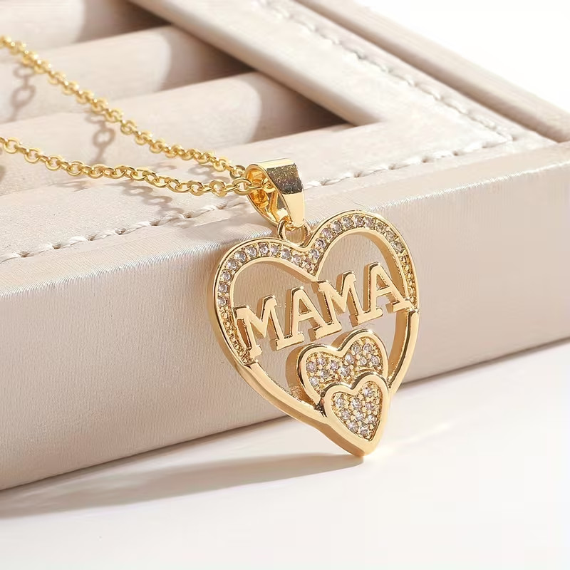14K Yellow Gold Plated Lab Created Diamond Heart MAMA Pendant Necklace for Her