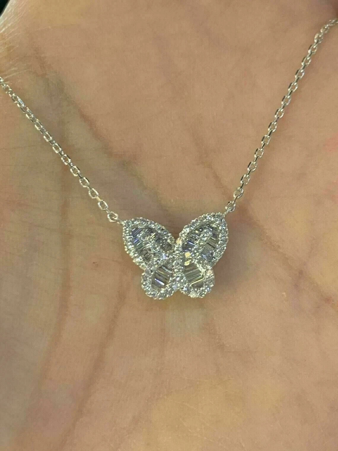 Pretty 2Ct Round Cut Diamond Butterfly Pendant 14K White Gold Finish Free Chain