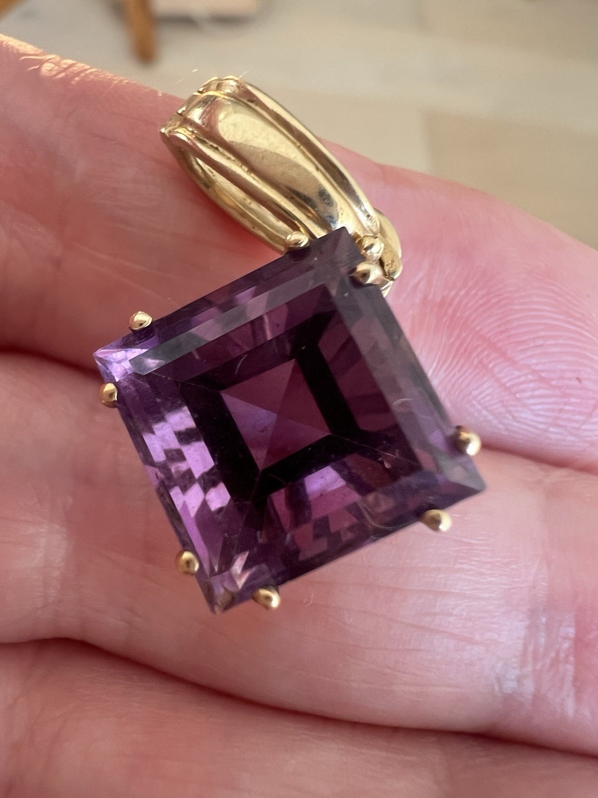 Vintage 9ct Gold Large Square Amethyst Pendant Hinged Enhancer 4.11g 2.6cm