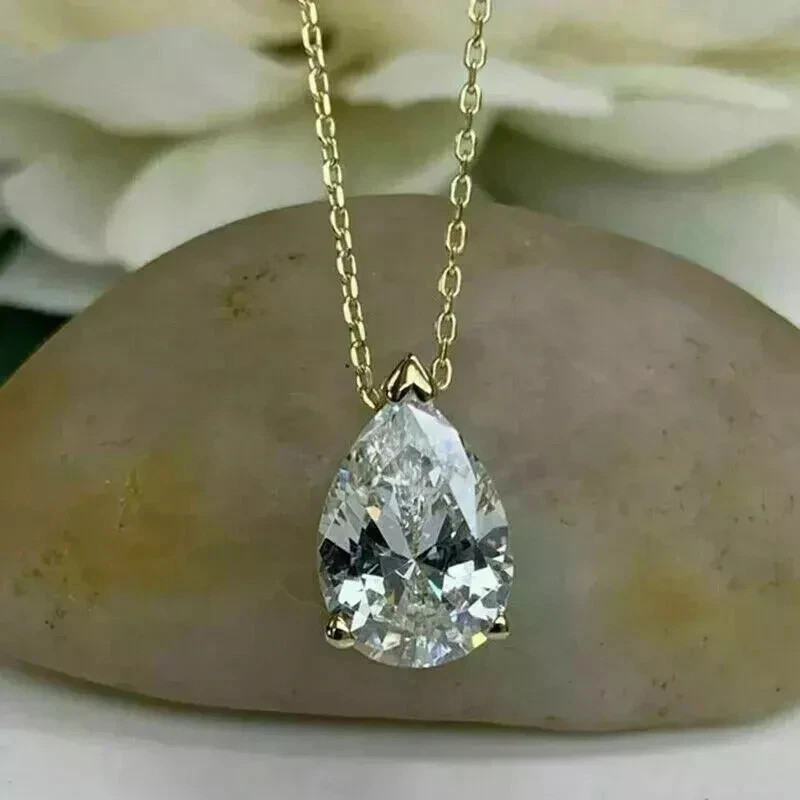 2.00Ct Pear Cut Real Moissanite Solitaire Pendant Free Chain 14K Gold Plated