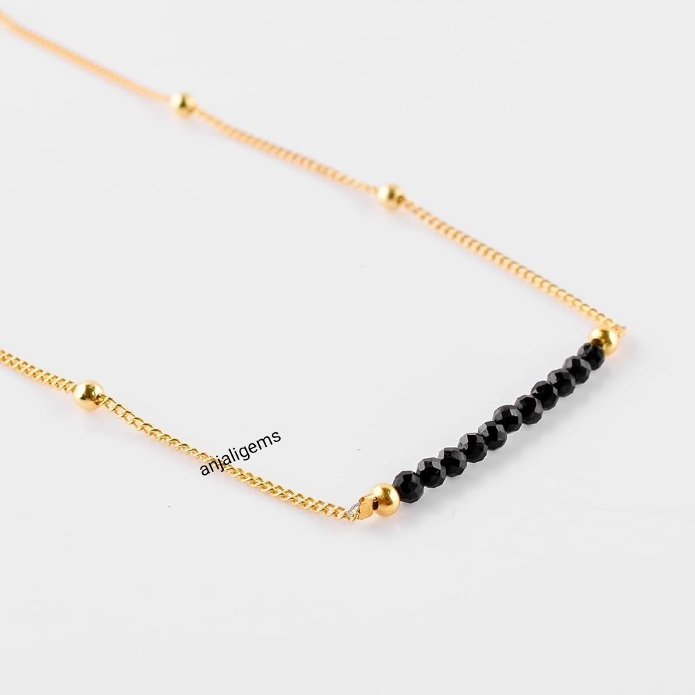 18K Yellow Gold Finished Over AA+Black Sapphire Beads Chain Necklace In925Silver
