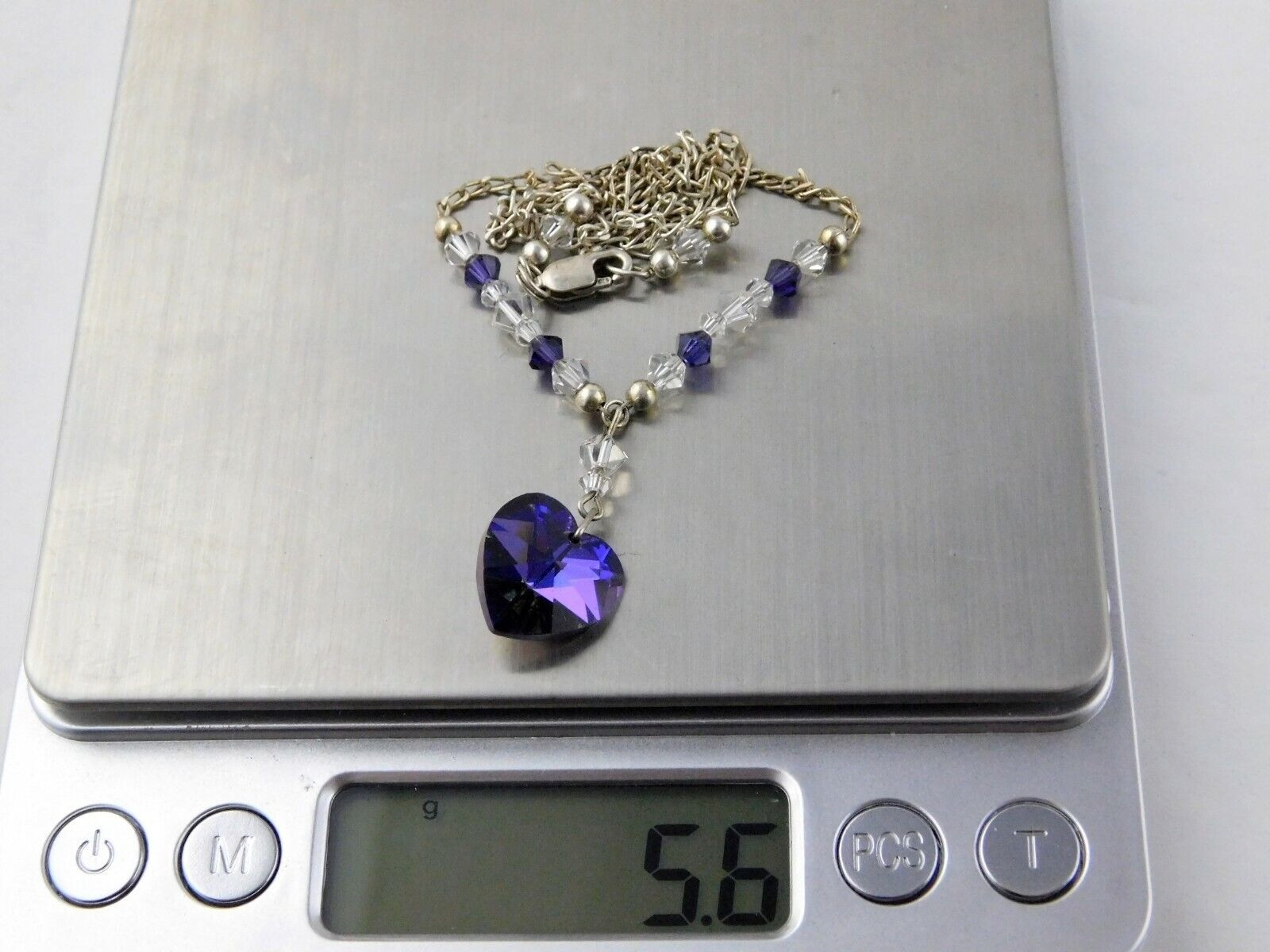 Sterling Silver Purple Crystal Rhinestone Heart Pendant Necklace 17.5 Inches 5g
