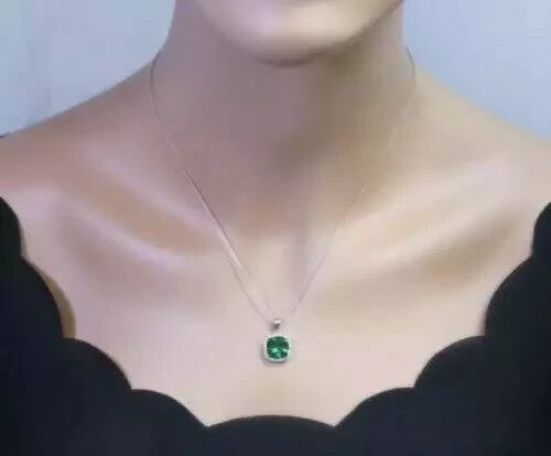 3Ct Cushion Cut Green Emerald Halo Pendant 14k White Gold Finish Free 18″ Chain