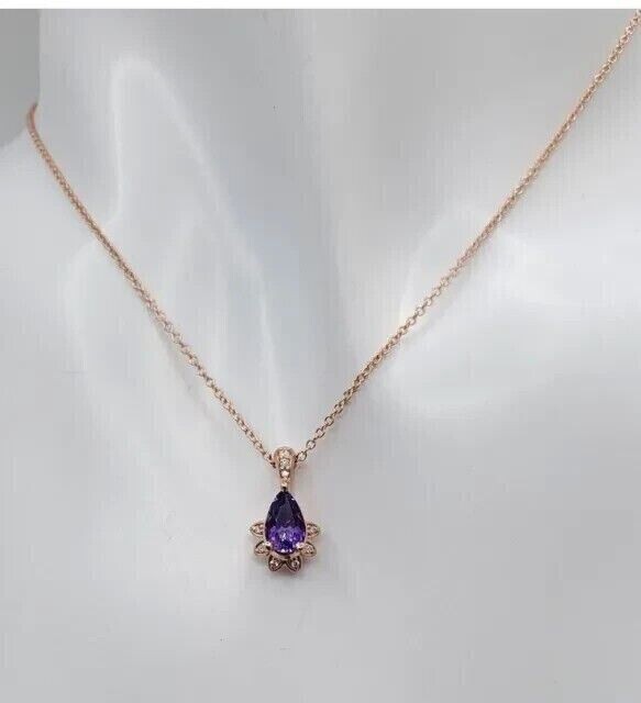 2.10Ct Pear Cut Simulated Amethyst Halo Pendant 14k Rose Gold Plated Free Chain