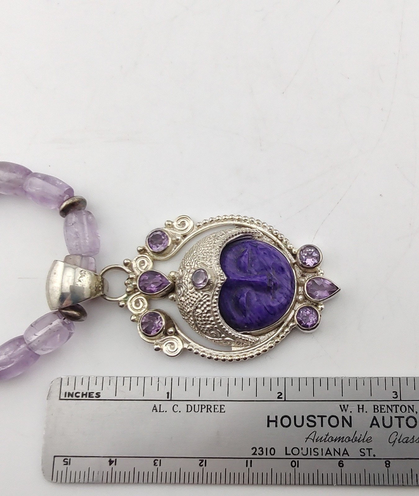 Charoite Amethyst Bead Sterl Silver Purple Goddess Gemstone Pendant Necklace 20″
