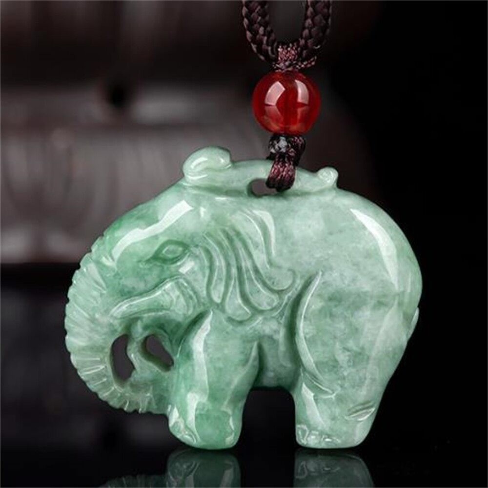 Natural Grade A Jadeite Hand Carved Cute Elephant Amulet Lucky Pendant Necklace