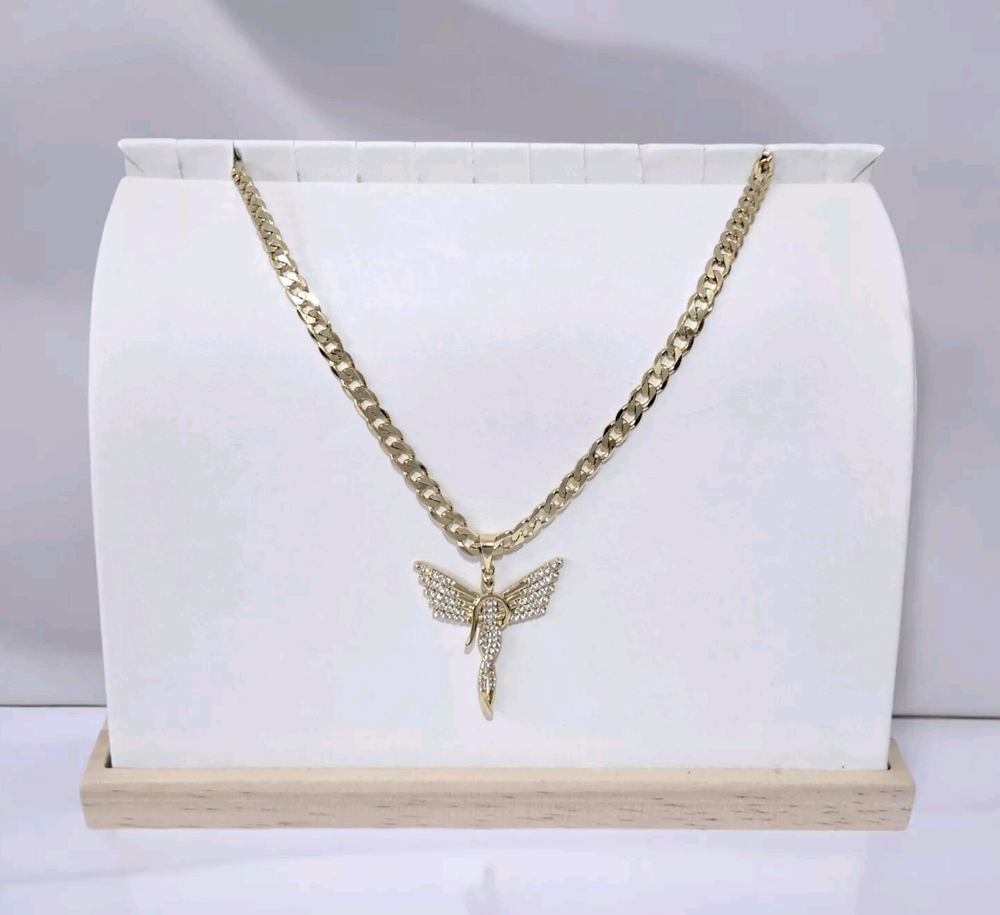 Gold Angel Pendant, Silhouette Angel Wings on 5mm Belcher Chain 30″ 9ct Guilded