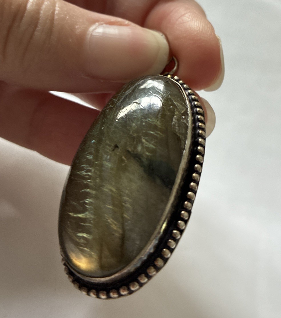 925 Sterling Silver Natural Labradorite Oval Pendant Blue Gold Flash Artisan