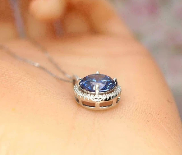 3Ct Round Tanzanite & Diamond Halo Pendant 14K White Gold Finish Free Chain