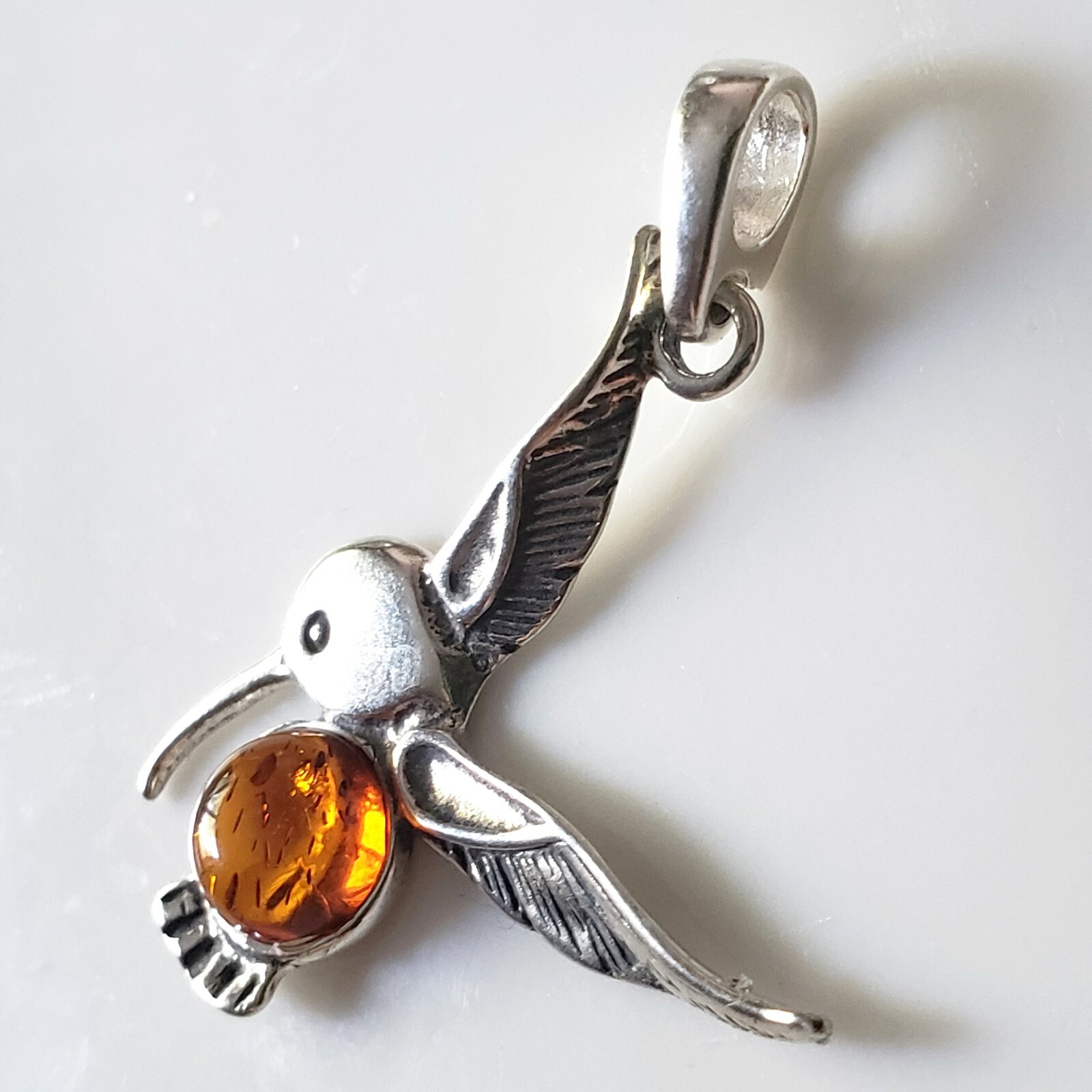Sterling Silver Hummingbird Pendant with Natural Amber for Adults & Kids