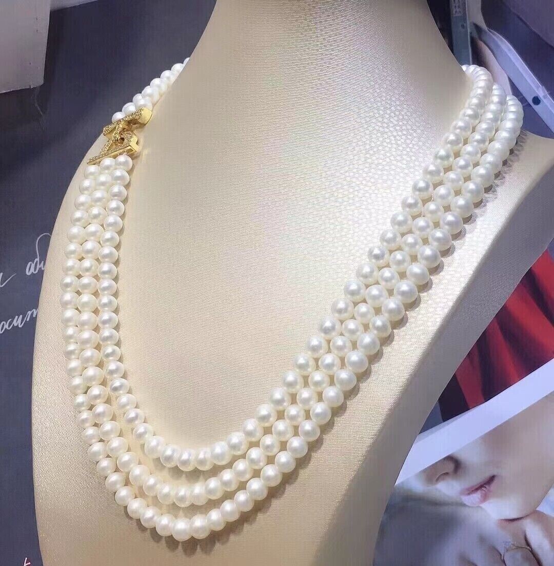 Triple Strands AAA 6-7mm Akoya Round White Pearl Necklace 18″ 19″20″