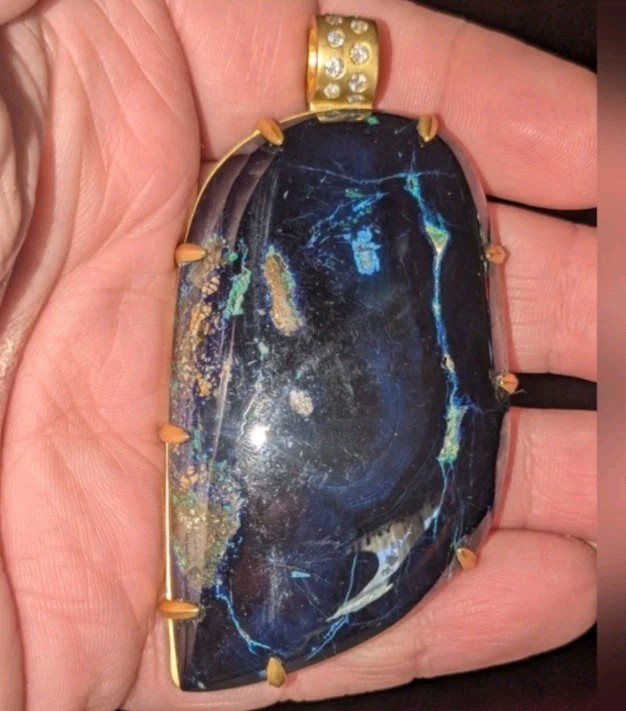 10k Yellow Gold Diamond Bail Blue Azurite Gemstone Large Pendant OOAK Women’s