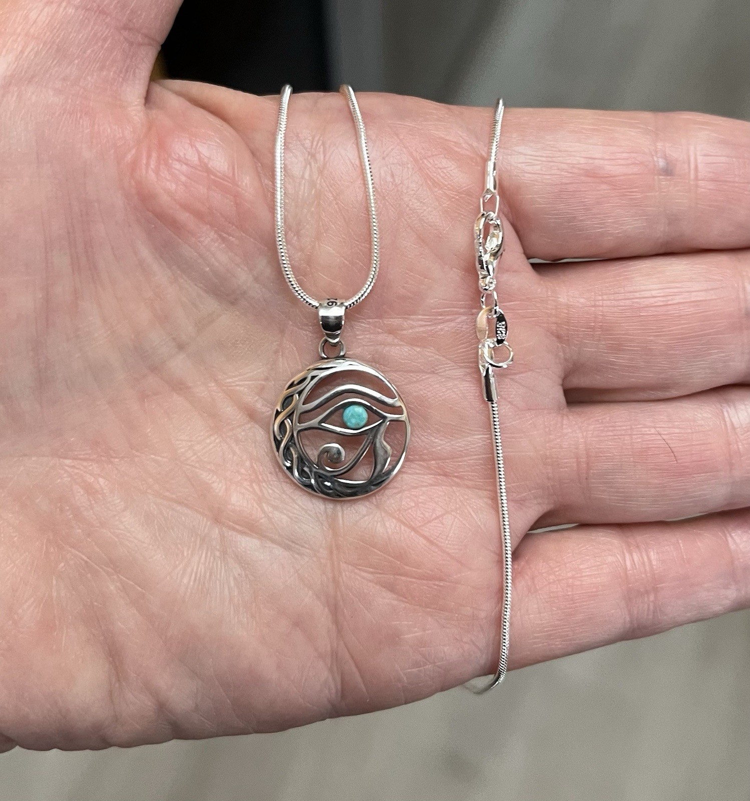 Sterling Silver Eye Of Horus Genuine Turquoise Pendant Necklace 18”Unique 🩵🌹