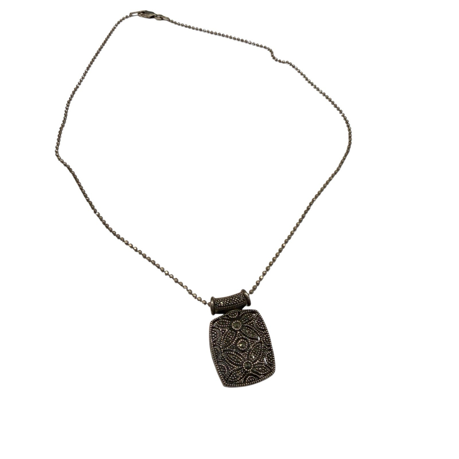 Vintage 925 Sterling Silver & Marcasite Filigree Pendant On 925 Italy Necklace