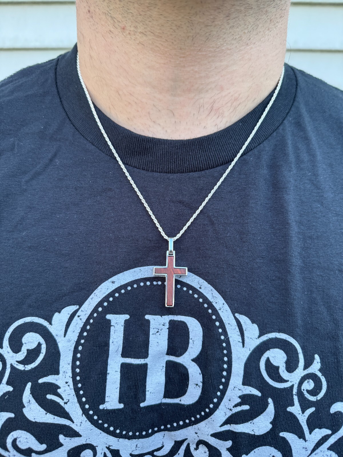 Real 925 Silver & Wood Inlay Plain Religious Cross Pendant Necklace Handmade