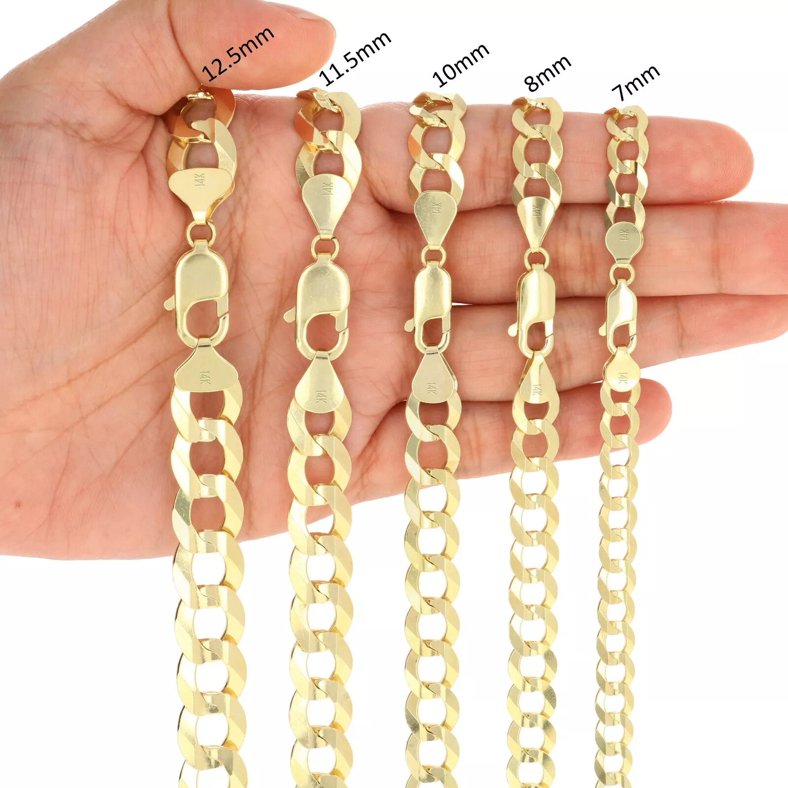 14K Yellow Gold Solid 3mm-10mm Curb Cuban Chain Link Necklace Bracelet 7″- 30″