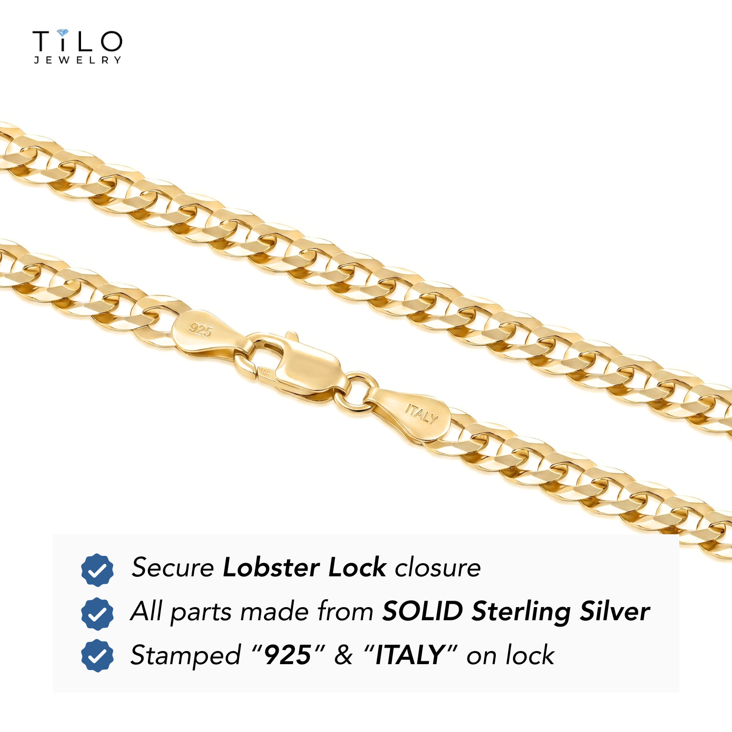 Gold 3mm-5mm Curb Link Chain Italian Necklace 16″-24″ Solid 925 Sterling Silver