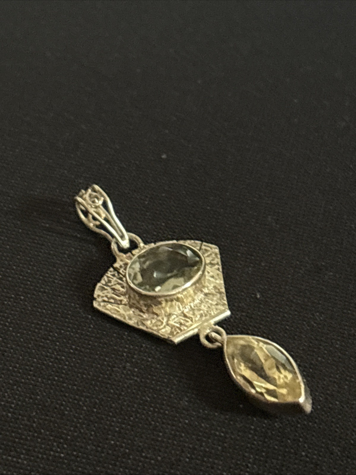 Vintage Green & Lemon Quartz 925 Sterling Silver Pendant 2” Long 4.4 Grams
