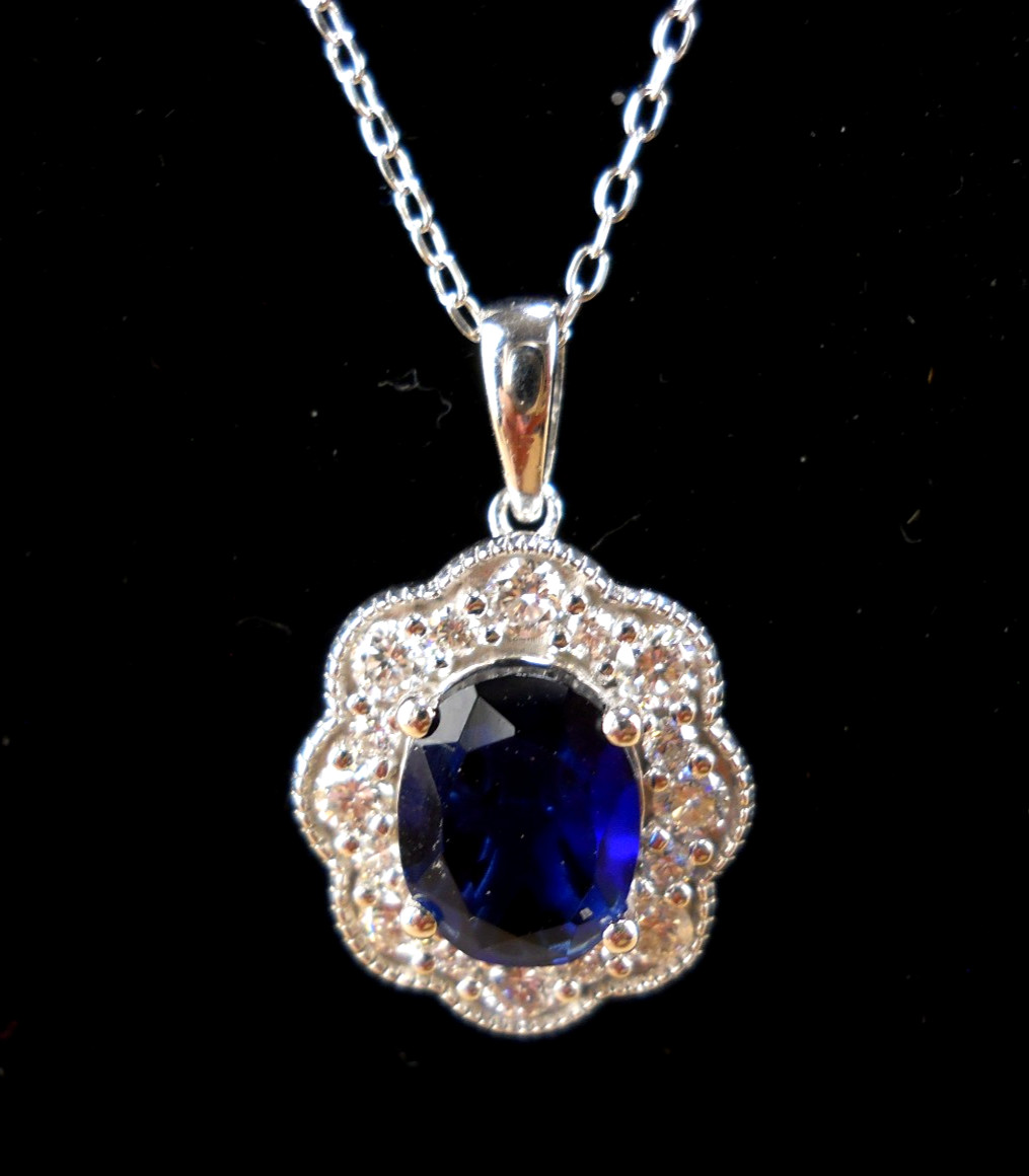 2.25 Ct Oval Sapphire and Lab Created Diamond Halo 925 Silver 18 in Necklace
