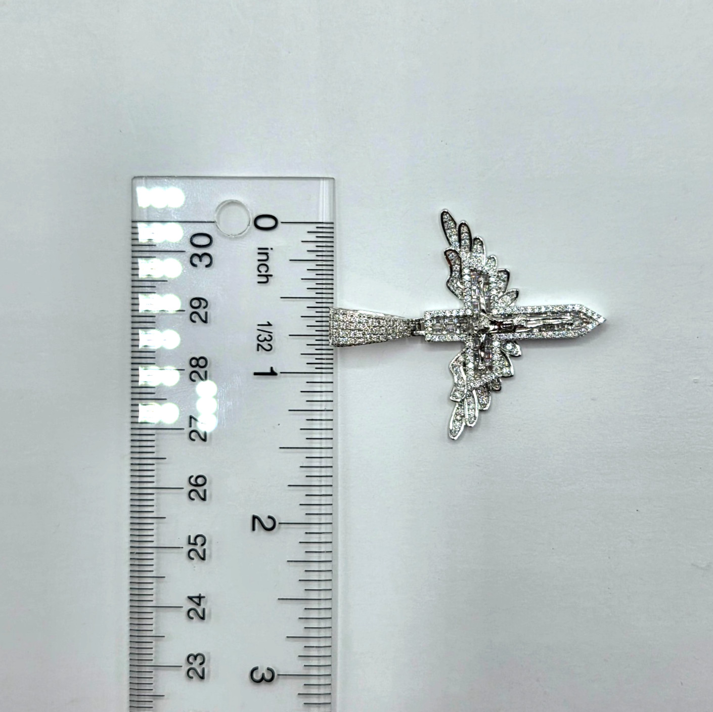 Moissanite Jesus Crucifix Cross Angel Wings Pendant 925 Sterling Silver Lrg Bail