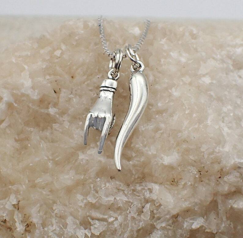 Italian Good Luck Necklace Sterling Silver Mano Cornuto Hand Charm Italian Horn