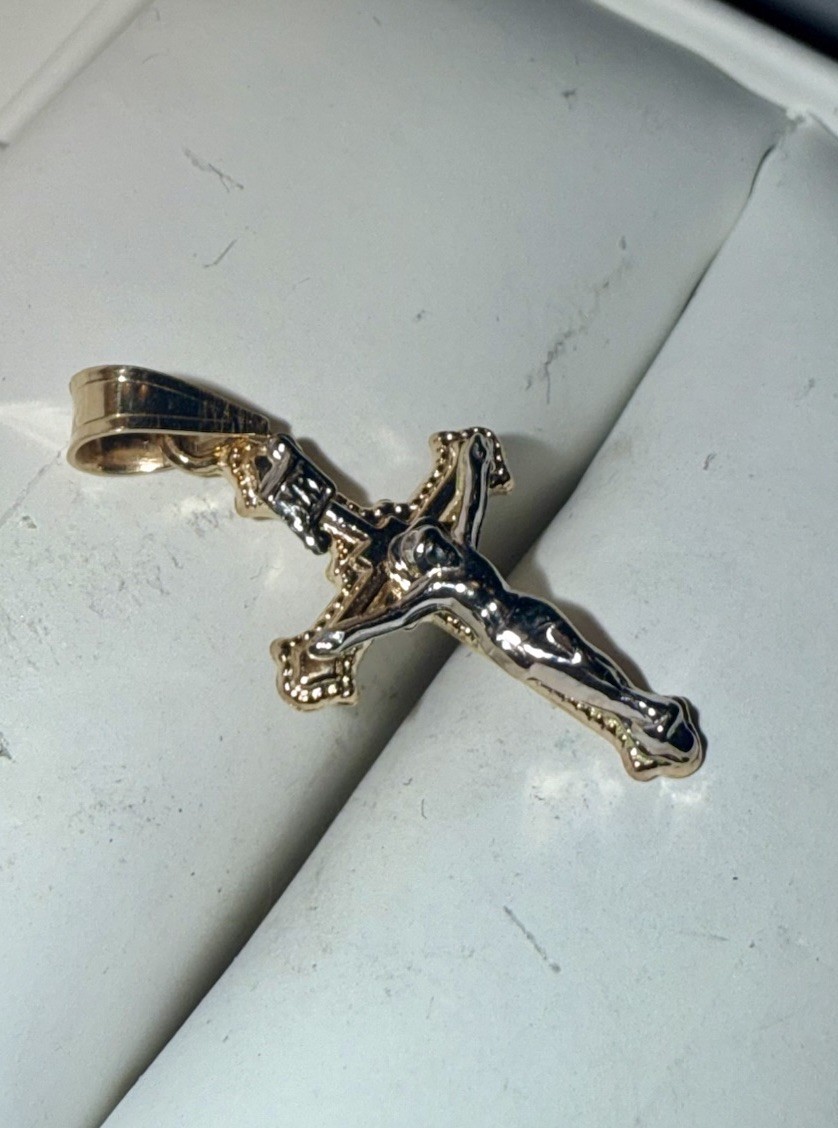 ESTATE Solid 14K Gold Two-Tone Crucifix Cross Miniature Pendant
