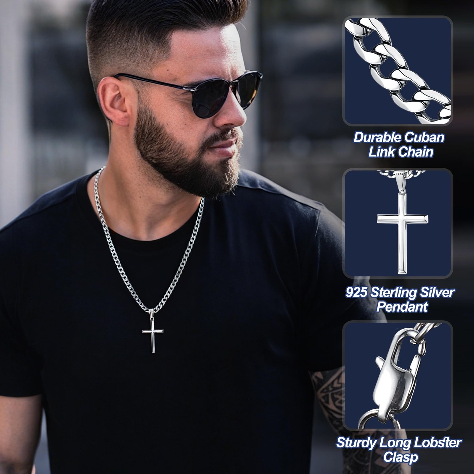 925 Sterling Silver Cross Necklace, Durable Cuban Link Chain, 16-30″ Christian J