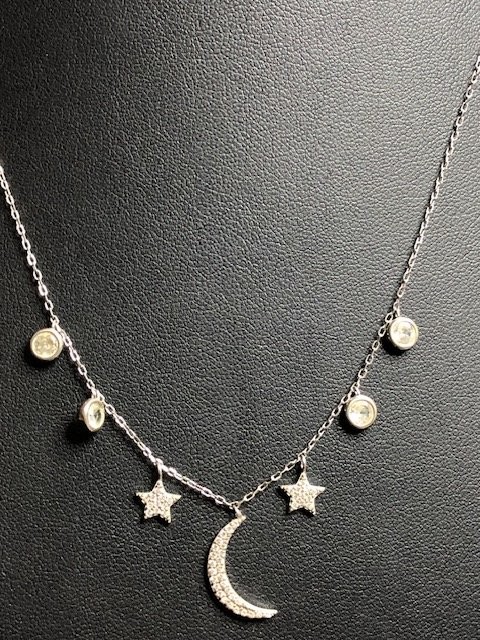 B3796 Celestial Moon Star Dangle CZ Necklace Sterling Silver 16-18″