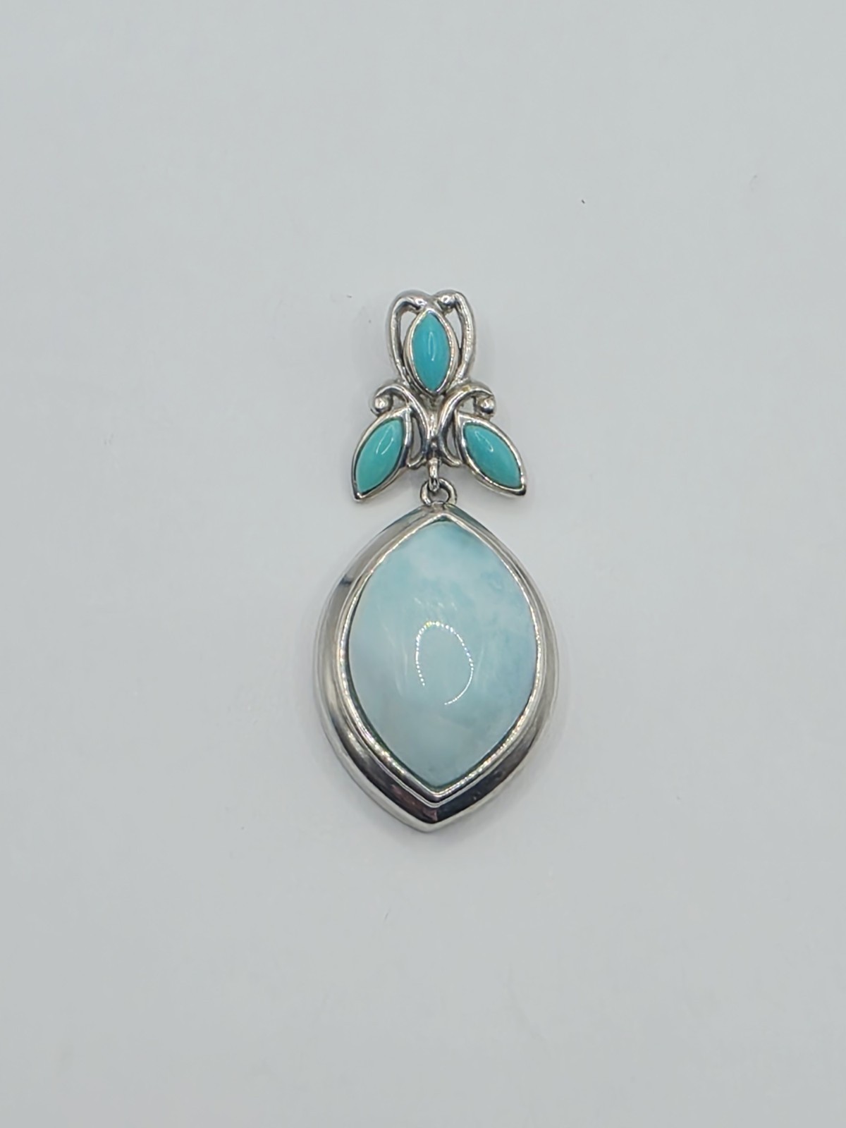 BBJ 925 Sterling Silver Larimar Pendant Thailand Blue Gemstone 9.2g Floral Leaf