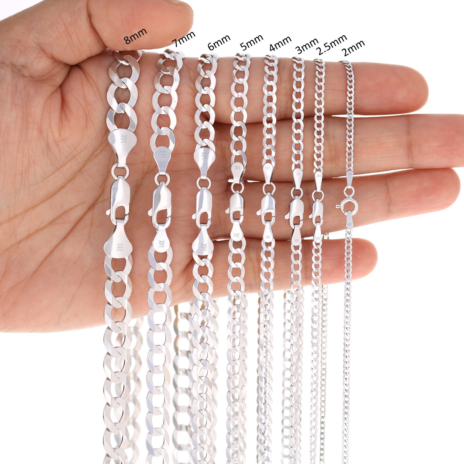 14K White Gold Solid 2mm-8.5mm Cuban Curb Link Chain Pendant Necklace 16″- 30″