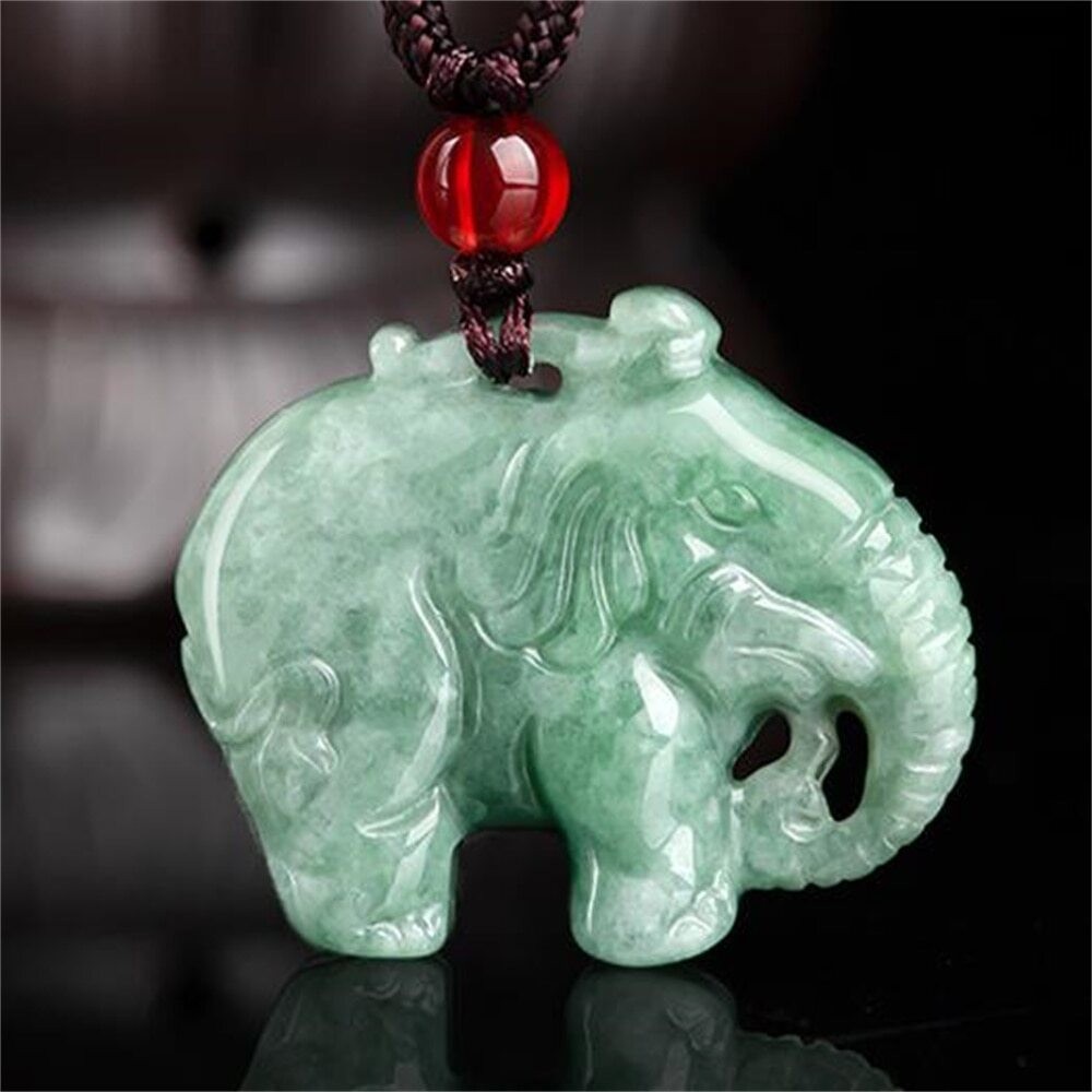 Natural Grade A Jadeite Hand Carved Cute Elephant Amulet Lucky Pendant Necklace