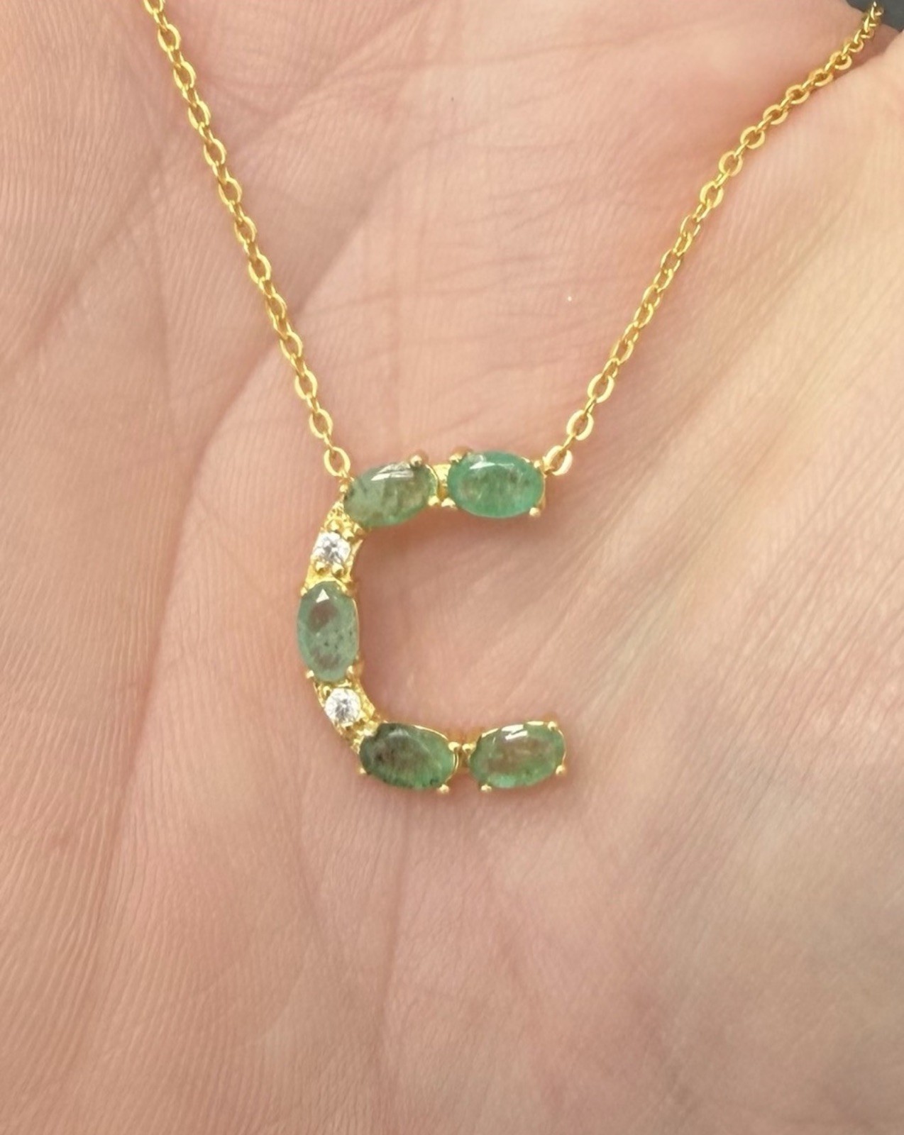Stunning Natural Emerald 1.25CT Initial C Pendant 18K Yellow Gold Necklace 20 in