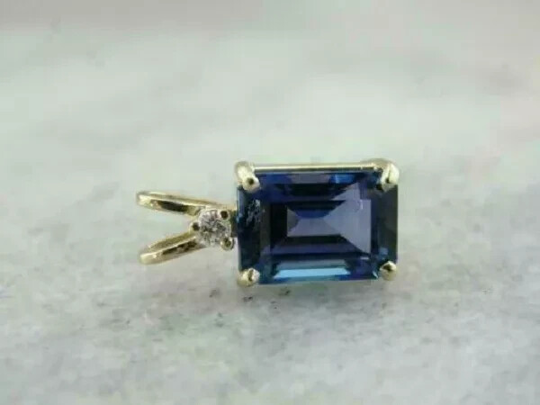 3.00Ct Emerald Cut Blue Sapphire & Diamond Pendant Solid 14K Yellow Gold Finish