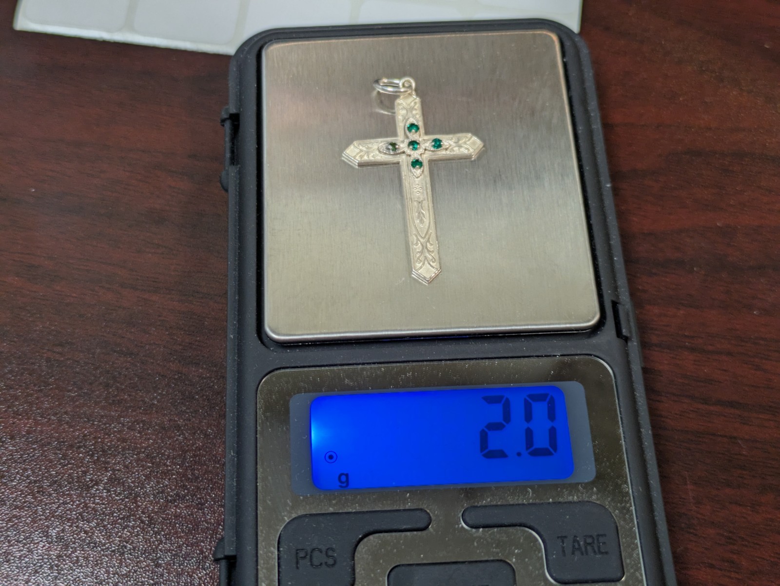 Sterling Silver .925 Green CZ Cross Pendant Charm 37mm tall 2 grams
