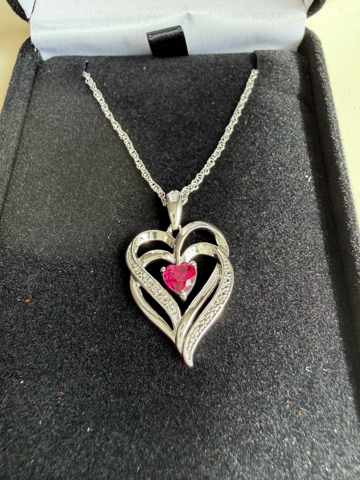 Diamond & Ruby Sterling Silver Heart Pink Stone Pendant Necklace Kay retail $200