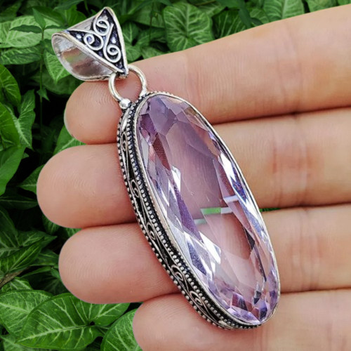 Long Pink kunzite Gemstone Handmade 925 Sterling Silver Jewelry ChristmasPendant
