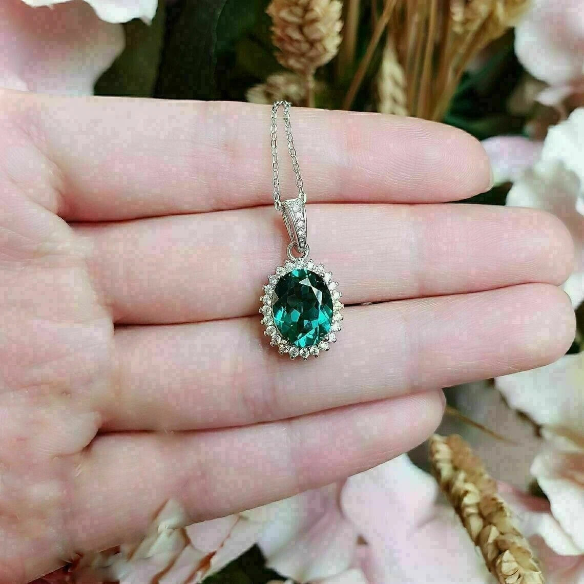 3Ct Oval Green Emerald Diamond Halo Pendant Free 18″ Chain 14K White Gold Finish