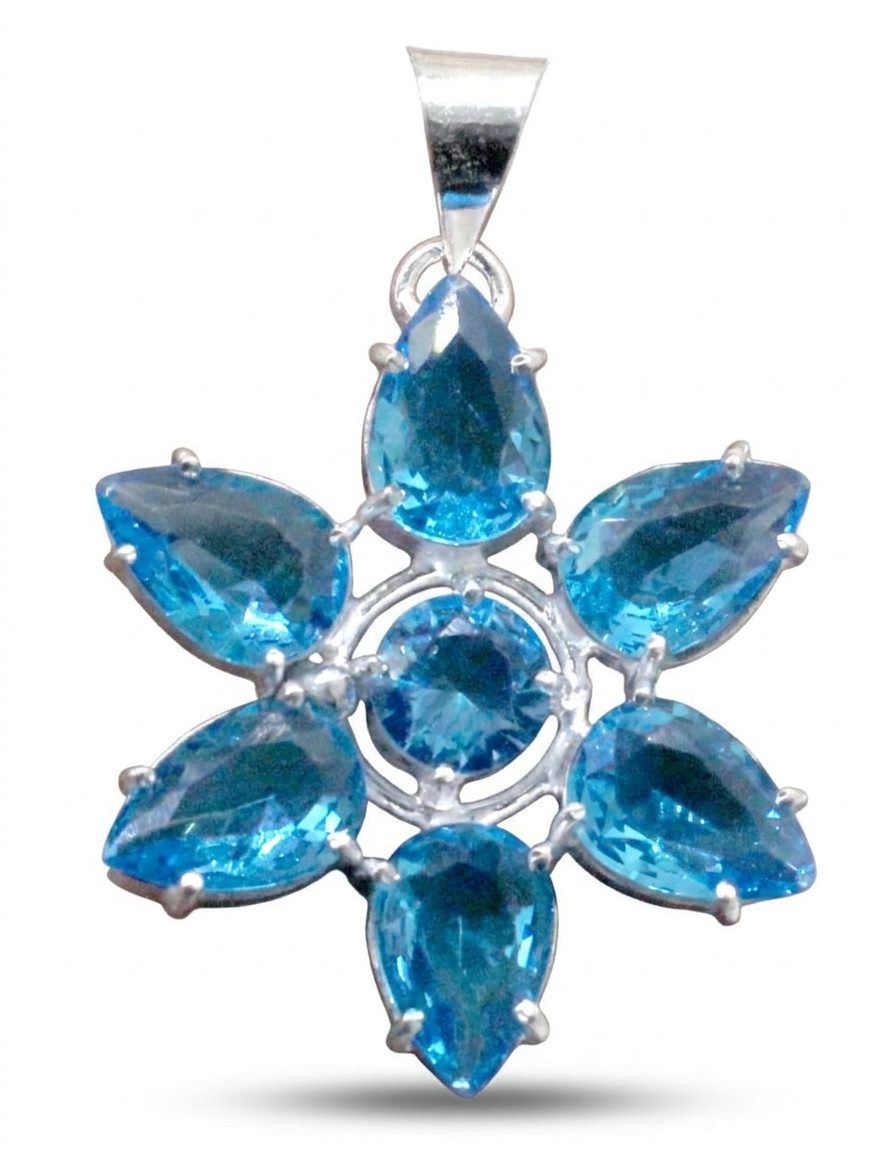 Swiss Blue Topaz Gemstone Floral Pendant 925 Sterling Silver Jewelry S-1.20″