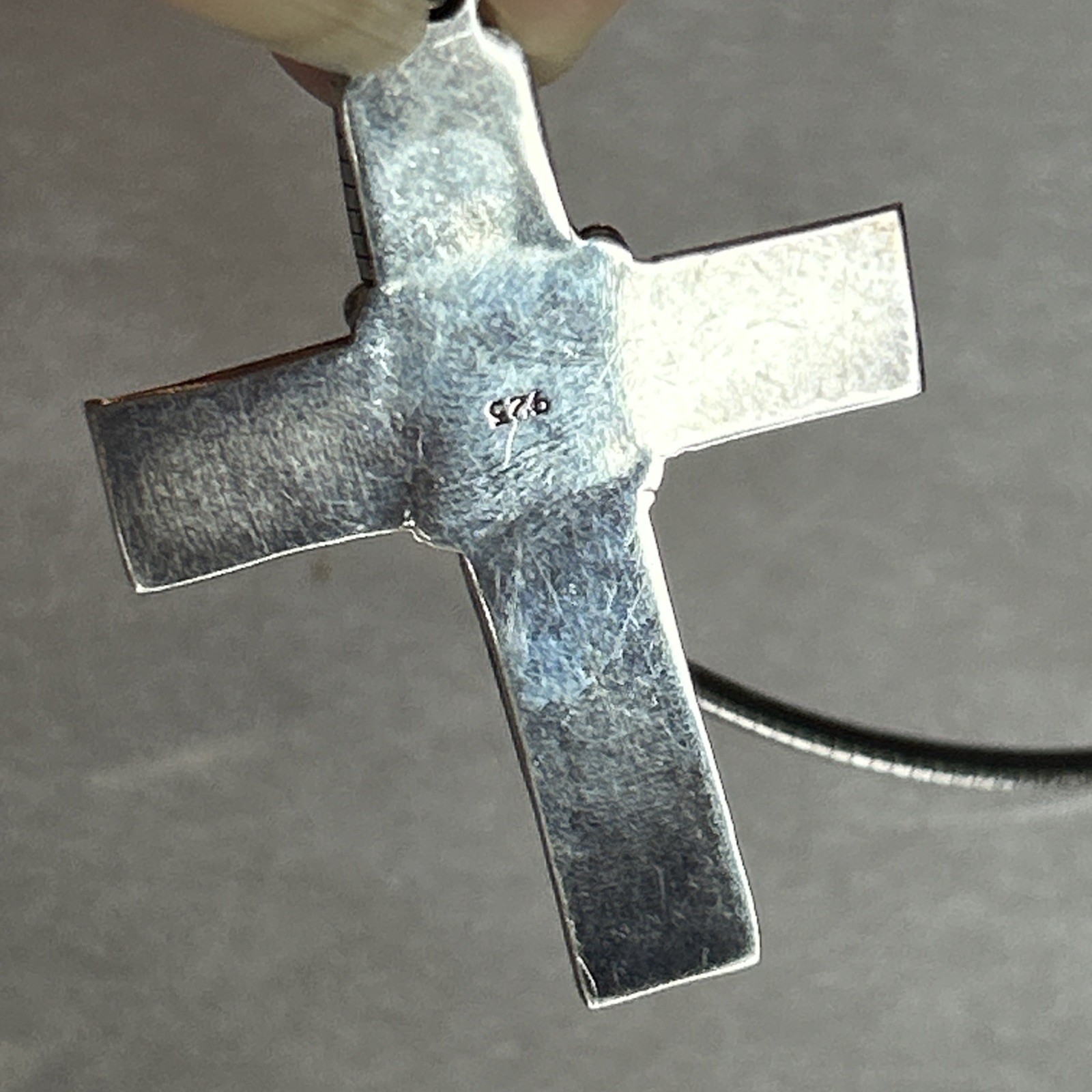 Sterling Silver 925 Omega Necklace And Ornate Cross Pendant With Blue Stone